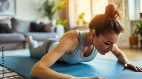 Serene Woman Practicing Yoga Stretches on a Mat in Cozy Living Room