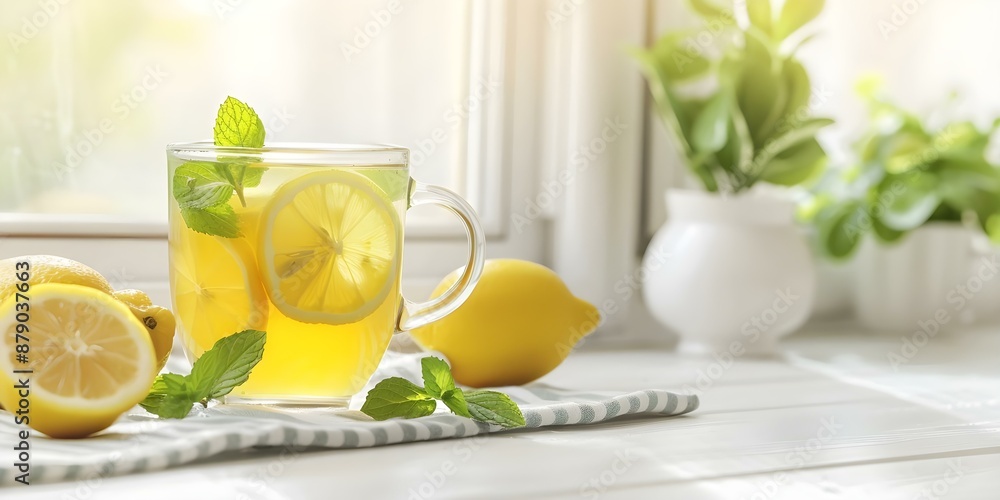 Fototapeta premium Bright kitchen with lemon mint herbal tea, a revitalizing detox beverage. Concept Detox Beverages, Herbal Tea, Bright Kitchen, Lemon Mint, Refreshing Drink