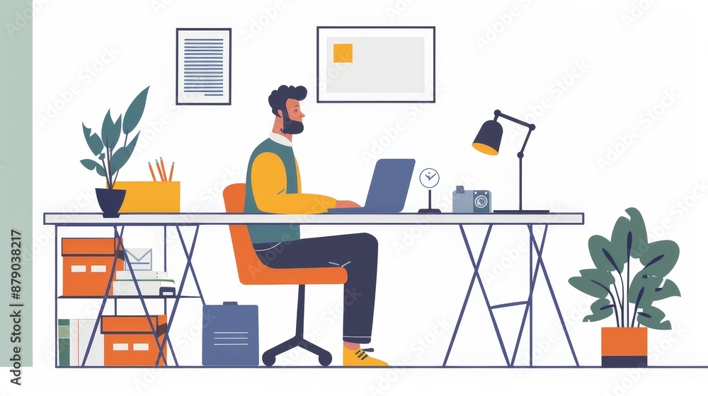 An adult man working from home in a stylish office space, with a laptop and various gadgets on his desk An adult man working from home in a stylish office space, with a laptop and various gadgets on his desk