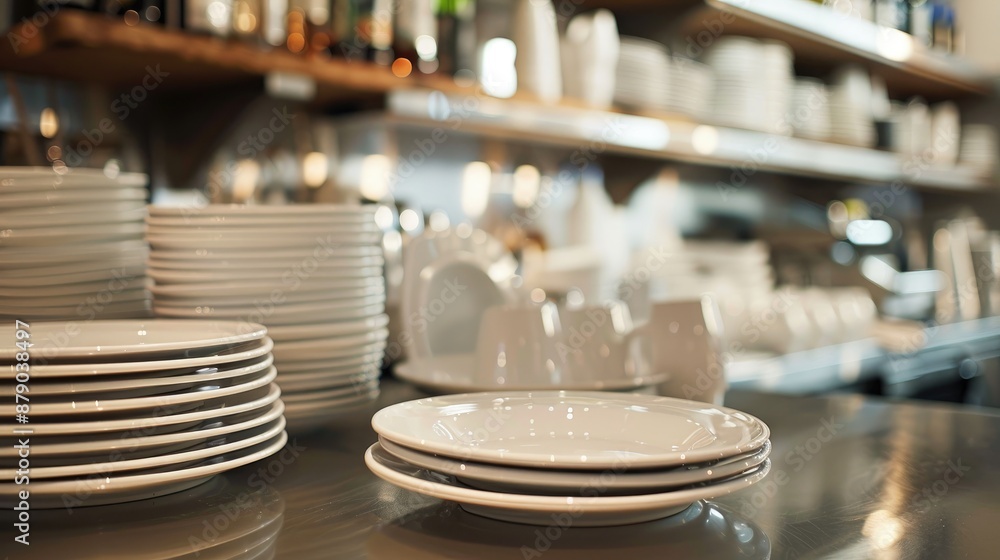 Clean dishes at a restaurant bar counter with selective focus and copy space Clean dishes at a restaurant bar counter with selective focus and copy space