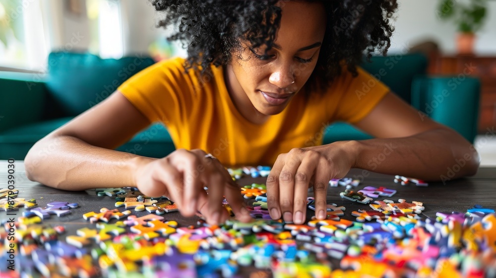 An adult woman doing a puzzle on a dining table, surrounded by colorful pieces An adult woman doing a puzzle on a dining table, surrounded by colorful pieces