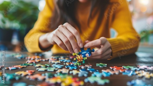 An adult woman doing a puzzle on a dining table, surrounded by colorful pieces