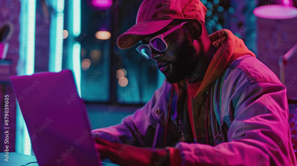 Fototapeta premium Illuminated Coding: Developer Working on Laptop in Neon-Lit Dark Room