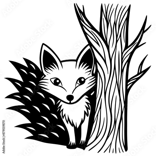 T-shirt Design Vector Curious Fox Peeking Out From Behind a Tree Vector design and illustration