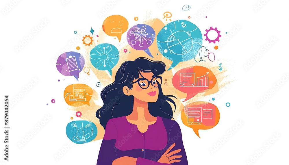 Woman with glasses thinking and surrounded by thought bubbles containing various business-related icons. Woman with glasses thinking and surrounded by thought bubbles containing various business-related icons.