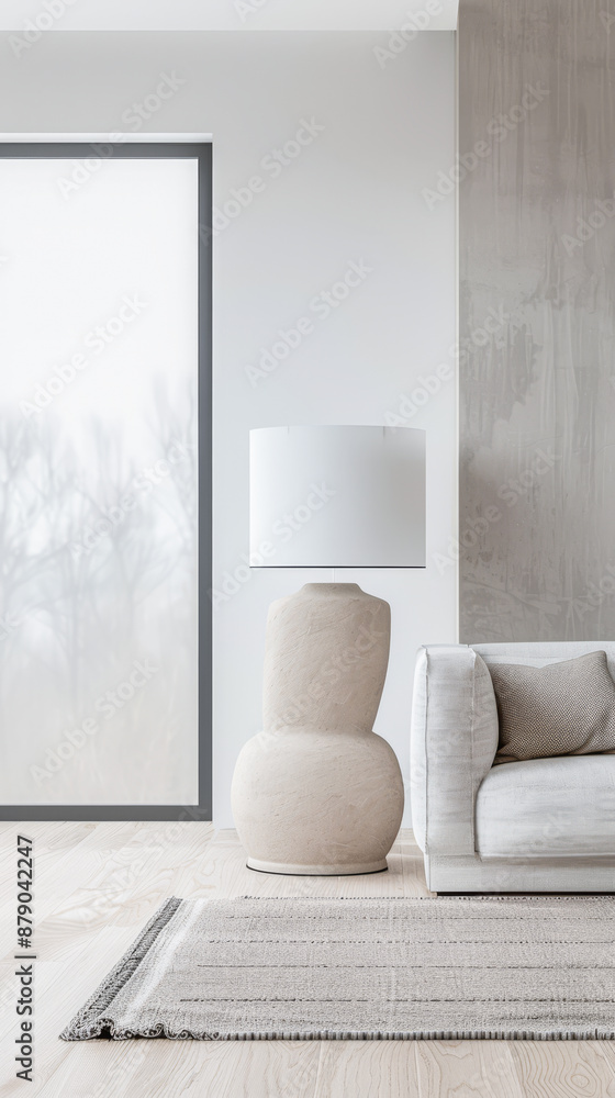 Fototapeta premium Contemporary living room interiors with minimal designer furniture, natural window lighting and mute colors. Residential Real Estate interior design composition with copy space.