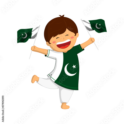 Vector illustration of boy holding Pakistan flags in hands on transparent background