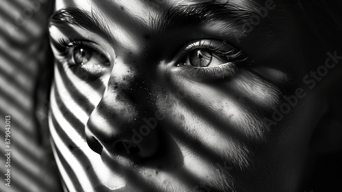 black and white portrait of a person with diagonal shadows