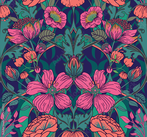 Paradise flowers. Seamless background with patterns and flowers in vintage style. For fabric, wallpaper, printing