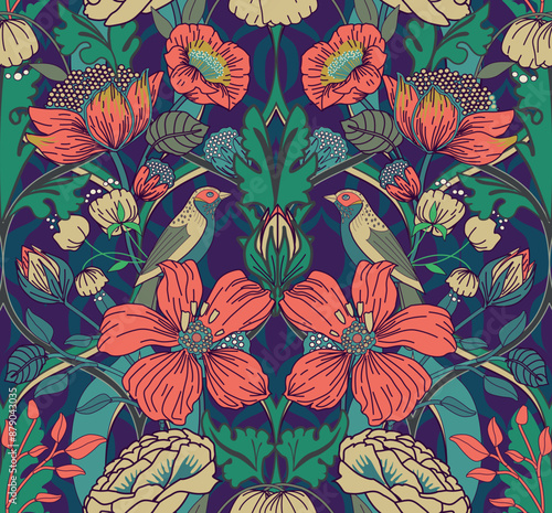 Garden of Eden. Seamless background with birds and flowers in vintage style. For fabric, wallpaper, printing