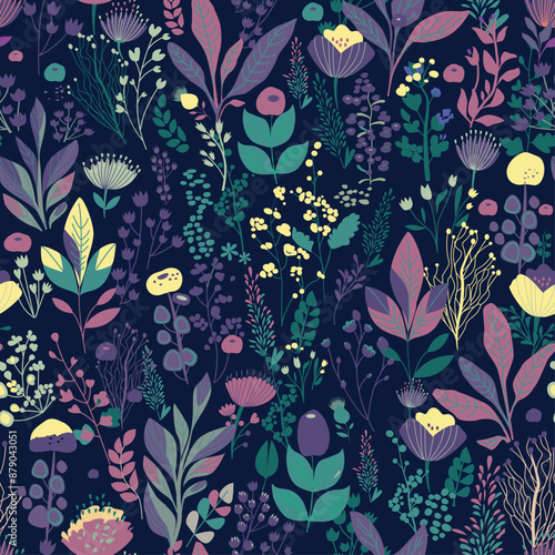 Meadow. Seamless background with small plants and flowers in vintage style. For fabric, wallpaper, printingь