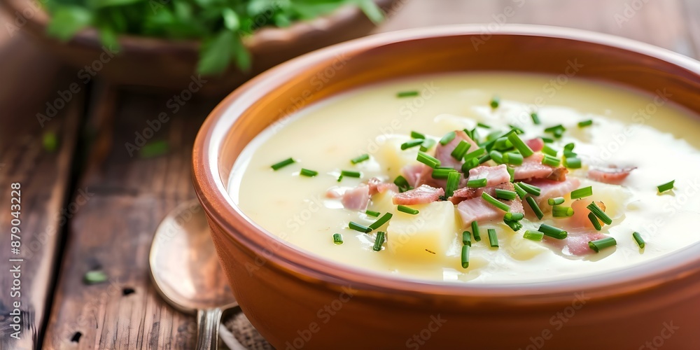 Savory potato soup with ham, chives, and seasonings in a bowl. Concept Potato Soup Recipes, Comfort Food Ideas, Hearty Winter Meals, Ham and Potato Dishes Savory potato soup with ham, chives, and seasonings in a bowl. Concept Potato Soup Recipes, Comfort Food Ideas, Hearty Winter Meals, Ham and Potato Dishes