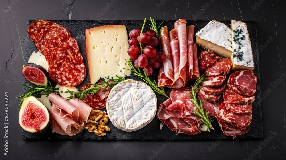 A lavish charcuterie board featuring artisan cheeses, cured meats, grapes, figs, nuts, and fresh herbs, artfully arranged on a slate serving tray A lavish charcuterie board featuring artisan cheeses, cured meats, grapes, figs, nuts, and fresh herbs, artfully arranged on a slate serving tray