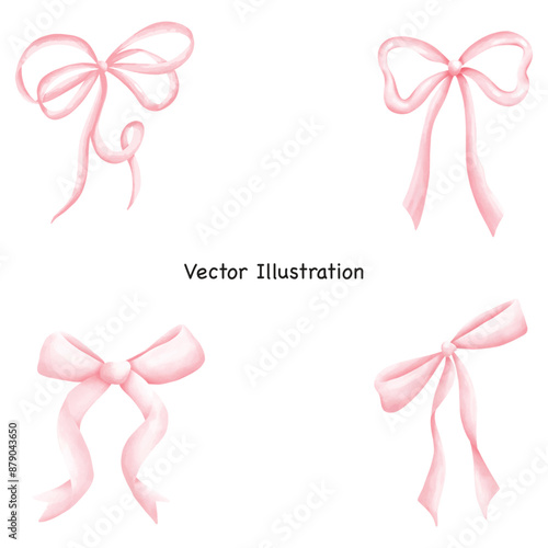 Pink coquette bows Pink ribbon with ​heart pearl Pink bow Ribbon isolated white background Vector Illustration