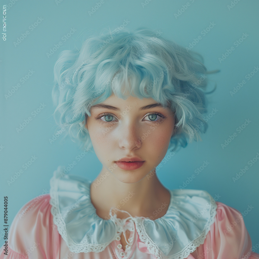 Close-up portrait of beautiful young woman with short blue hair on pastel blue background Close-up portrait of beautiful young woman with short blue hair on pastel blue background