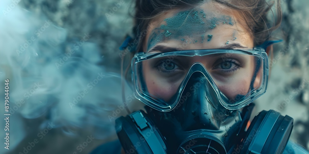 A young woman in a respirator and protective glasses navigating a polluted environment. Concept Environmental Pollution, Personal Protection Gear, Young Woman, Contaminated Landscape A young woman in a respirator and protective glasses navigating a polluted environment. Concept Environmental Pollution, Personal Protection Gear, Young Woman, Contaminated Landscape