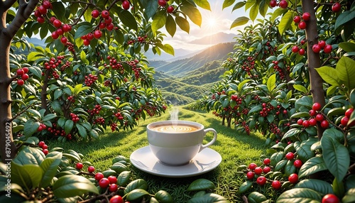 coffee cup in a coffee plantation with rows of lush green coffee plants bearing vibrant red coffee cherries