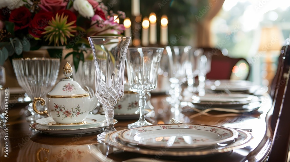 An elegant dining table set for a formal dinner party, with fine china, crystal glasses, and an ornate centerpiece, ready for an evening of sophistication. An elegant dining table set for a formal dinner party, with fine china, crystal glasses, and an ornate centerpiece, ready for an evening of sophistication.