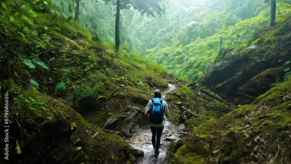 hiker walking in rainforest in the mountains.generative ai hiker walking in rainforest in the mountains.generative ai