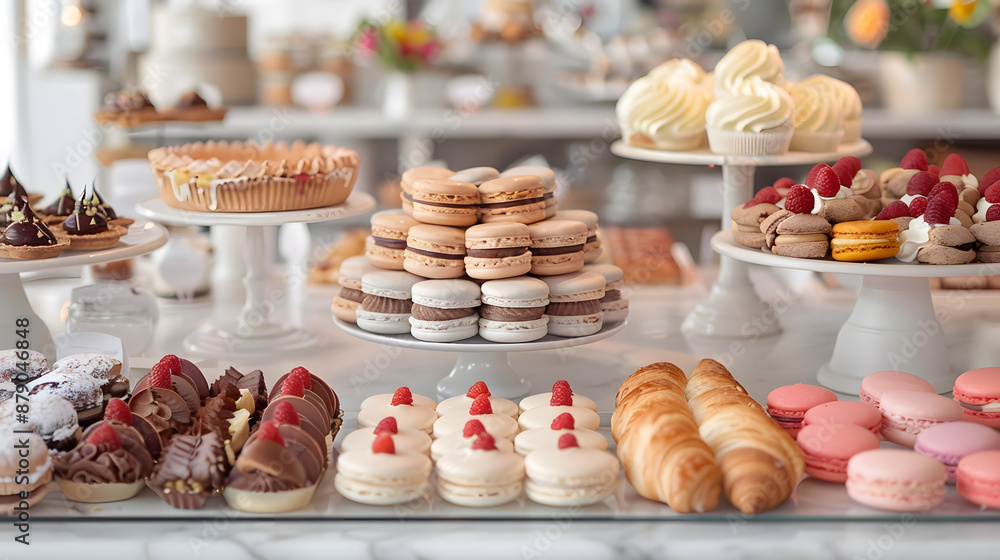 Elegant French Bakery Display: Colorful Macarons, Croissants, and Tarts on White Counter with Pristine Backdrop Elegant French Bakery Display: Colorful Macarons, Croissants, and Tarts on White Counter with Pristine Backdrop