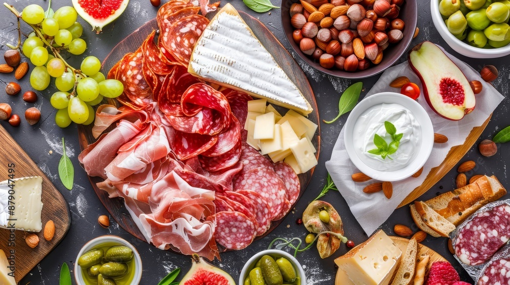 Fototapeta premium A mouthwatering food platter showcasing a selection of gourmet cheeses, charcuterie meats, seasonal fruits, nuts, and dips, presented in a rustic style