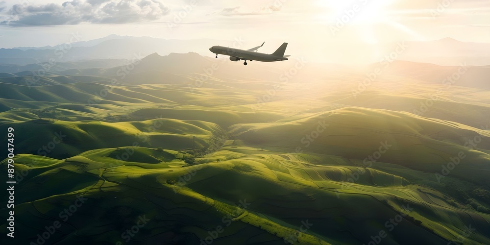 Sustainable Aviation Fuel Biofuel-Powered Plane Soaring Over Green Landscape. Concept Aviation, Sustainable Fuel, Biofuel, Green Landscape, Plane Sustainable Aviation Fuel Biofuel-Powered Plane Soaring Over Green Landscape. Concept Aviation, Sustainable Fuel, Biofuel, Green Landscape, Plane