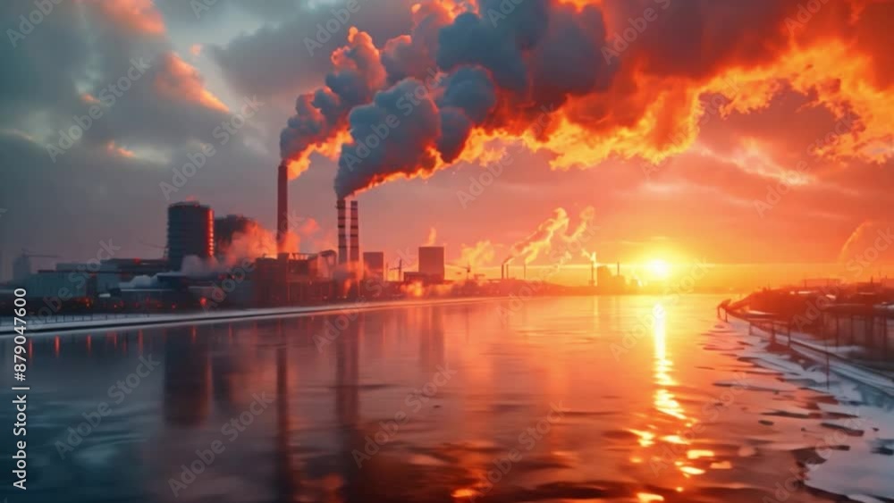A city skyline with a large factory emitting smoke into the air during a vibrant sunset over a frozen river. A city skyline with a large factory emitting smoke into the air during a vibrant sunset over a frozen river.