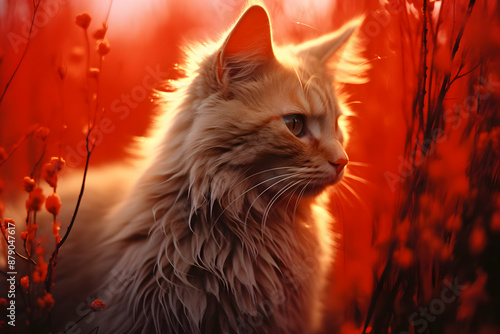 Fluffy Cat in Red Sunset Photo