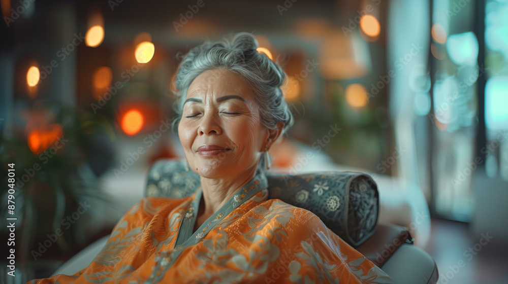Portrait d'une femme mature en kimono avec un chignon, après une session de massage, centre de remise en forme, institut de soin asiatique Portrait d'une femme mature en kimono avec un chignon, après une session de massage, centre de remise en forme, institut de soin asiatique