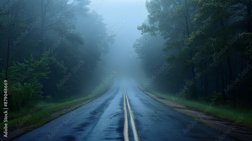 An empty, fog-covered road leading into a dense, mysterious forest, creating an eerie and intriguing atmosphere. An empty, fog-covered road leading into a dense, mysterious forest, creating an eerie and intriguing atmosphere.