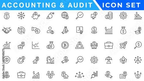Accounting icon set. Containing financial statement, accountant, financial audit, invoice, tax calculator, business firm, tax return, income and balance sheet icons. Solid icon collection.