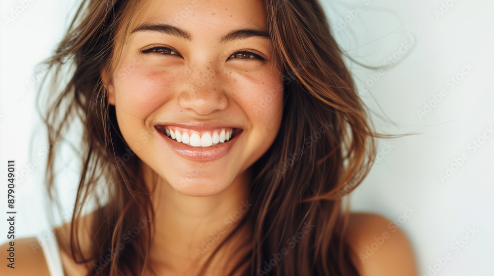 Delighted Asian Woman with Long Hair on White Background Delighted Asian Woman with Long Hair on White Background