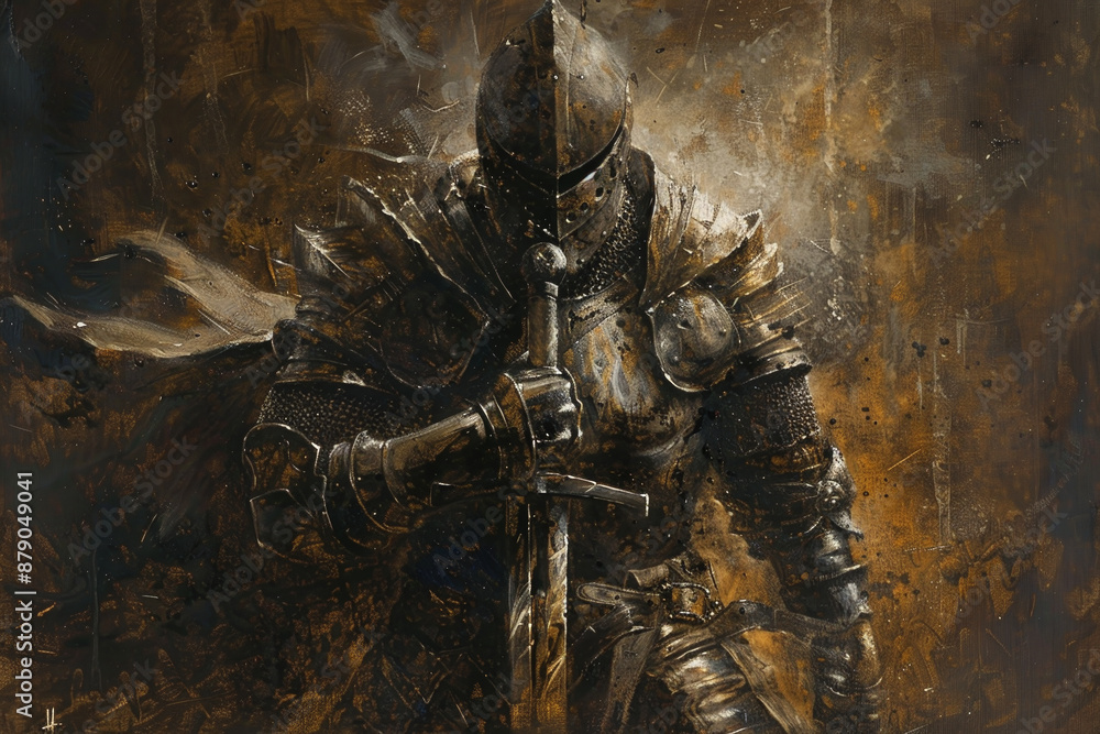 Obraz premium A knight is holding a sword and is wearing a suit of armor