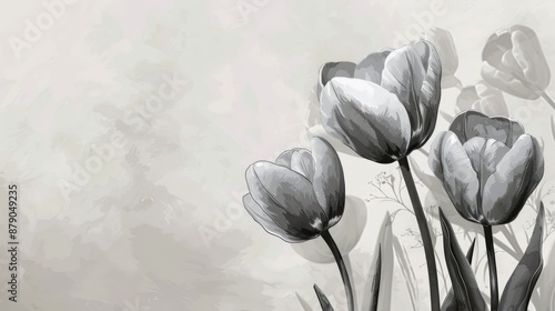 Vintage Style Gray Painted Tulip Flowers on Light Background