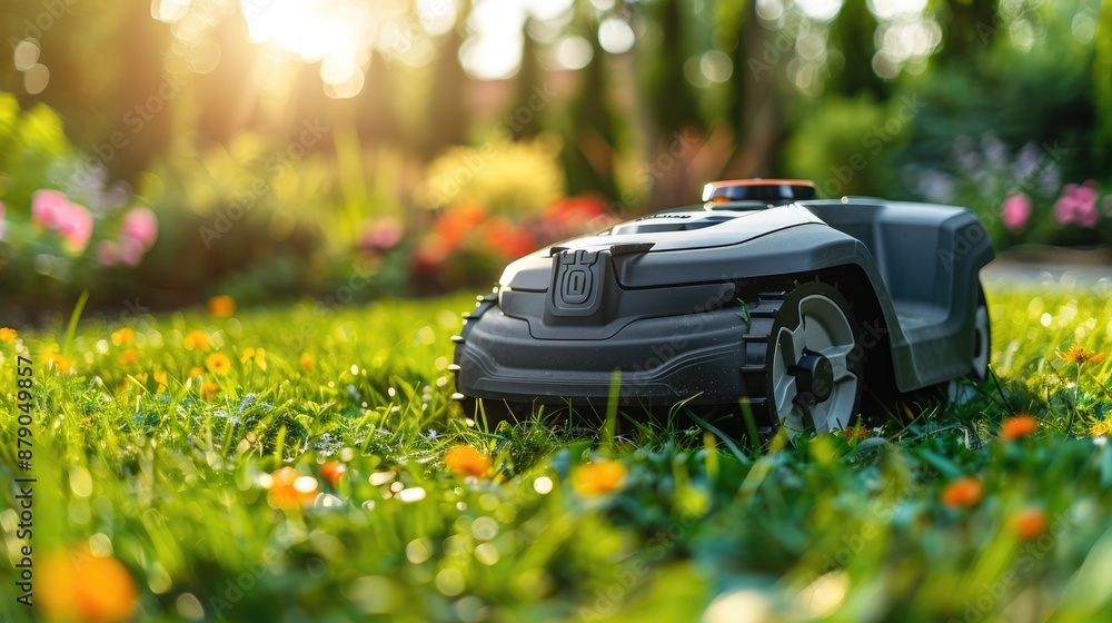Robotic lawn mower maintaining a well-kept garden, demonstrating advanced outdoor appliance technology. Robotic lawn mower maintaining a well-kept garden, demonstrating advanced outdoor appliance technology.