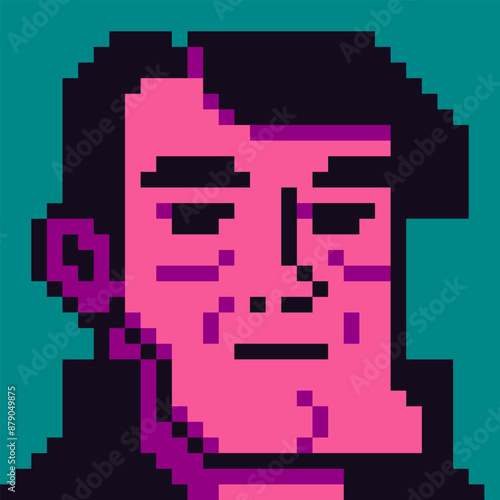Brutal man with big chin pixel art male character 8-bit 80-s, avatar, cartoon vector icon, game user, web profile persons, people, social net portrait, man face, minimalistic style.