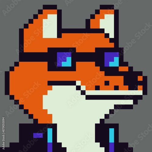 Pixel art fox, animal in glasses character 8-bit,  80-s, avatar, anthropomorphic face, cartoon vector icon, game user, web profile persons, people, social net portrait. 