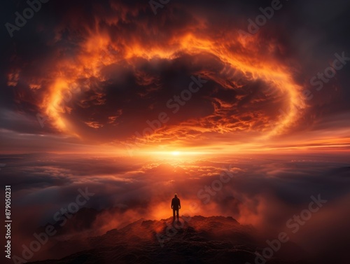A man stands on a mountain top in front of a large orange cloud. The sky is filled with clouds and the sun is setting. Scene is one of awe and wonder, as the man looks out over the vast landscape