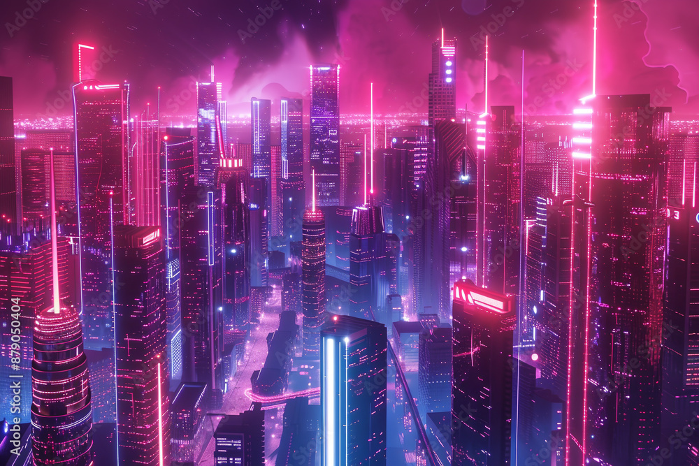 A cityscape with neon lights and a pink sky A cityscape with neon lights and a pink sky