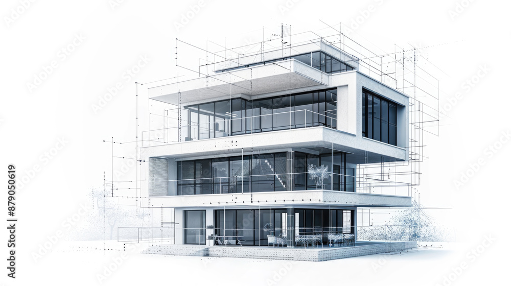 Sketch of a 3D architectural model with geometric shapes and lines, depicting a digital building representation, on a white background. Sketch of a 3D architectural model with geometric shapes and lines, depicting a digital building representation, on a white background.