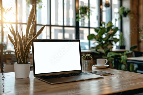 A bright and airy home office with a large window, a desk, and a laptop. AI.