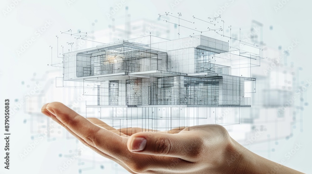 Hand holding a 3D digital model sketch of a structure, symbolizing 3D modeling in architecture, on a white background. Hand holding a 3D digital model sketch of a structure, symbolizing 3D modeling in architecture, on a white background.