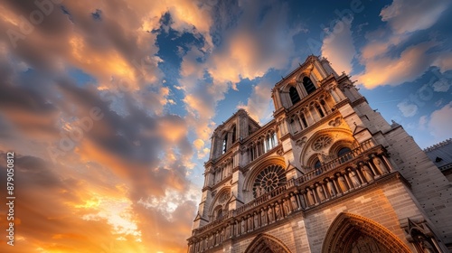 The sky is orange and the clouds are white. The church is tall and has a lot of windows