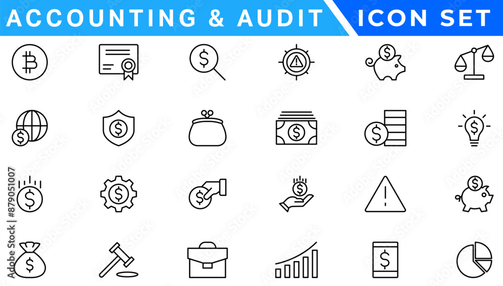 Accounting and audit icon set. Taxes and accounting line icons collection. Check and audit line icons collection. Containing financial statement, accountant, financial audit. Vector illustration Accounting and audit icon set. Taxes and accounting line icons collection. Check and audit line icons collection. Containing financial statement, accountant, financial audit. Vector illustration