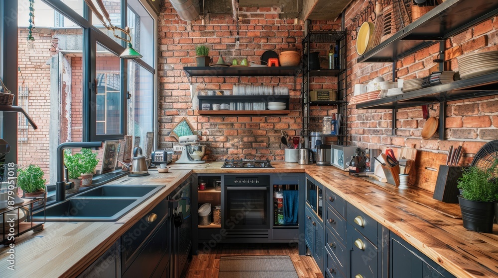 An industrial-style kitchen with exposed brick walls, metal shelving, and reclaimed wood countertops, giving it a unique and edgy feel. An industrial-style kitchen with exposed brick walls, metal shelving, and reclaimed wood countertops, giving it a unique and edgy feel.