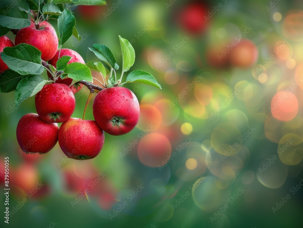 A bunch of red apples hanging from a tree. The apples are wet and shiny, and the background is a mix of green and blue A bunch of red apples hanging from a tree. The apples are wet and shiny, and the background is a mix of green and blue