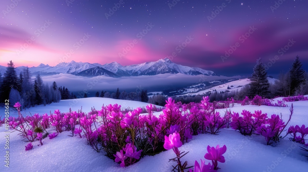 A beautiful snowy landscape with a purple flower field. The sky is a deep purple color, and the mountains in the background are covered in snow. The flowers are pink. The scene is peaceful and serene A beautiful snowy landscape with a purple flower field. The sky is a deep purple color, and the mountains in the background are covered in snow. The flowers are pink. The scene is peaceful and serene