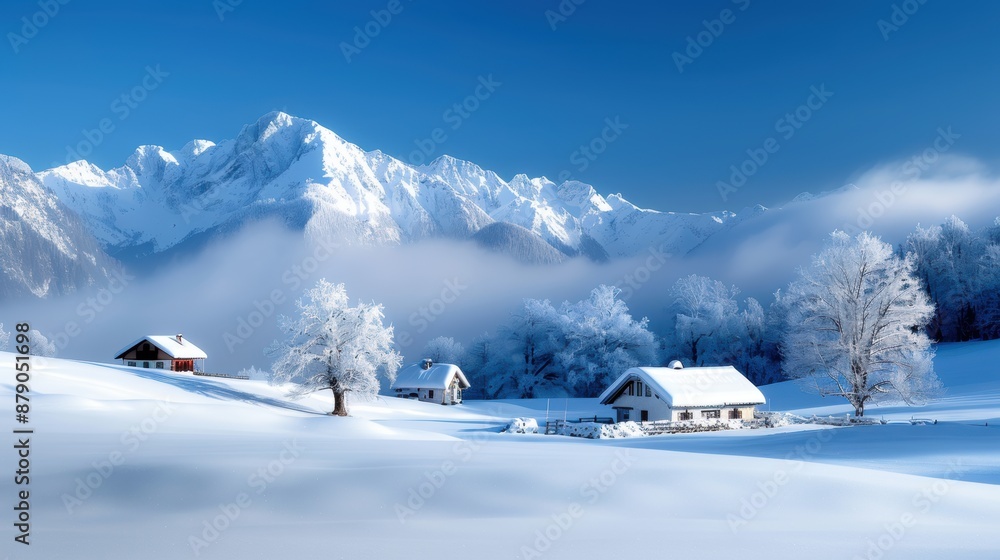 Fototapeta premium A snowy mountain range with houses in the distance. The houses are small and appear to be made of wood. The sky is clear and blue, and the snow-covered ground gives the scene a peaceful
