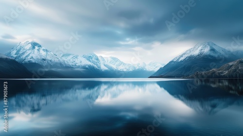 A beautiful blue lake with mountains in the background. The sky is cloudy and the mountains are covered in snow. The reflection of the mountains in the water creates a serene and peaceful atmosphere