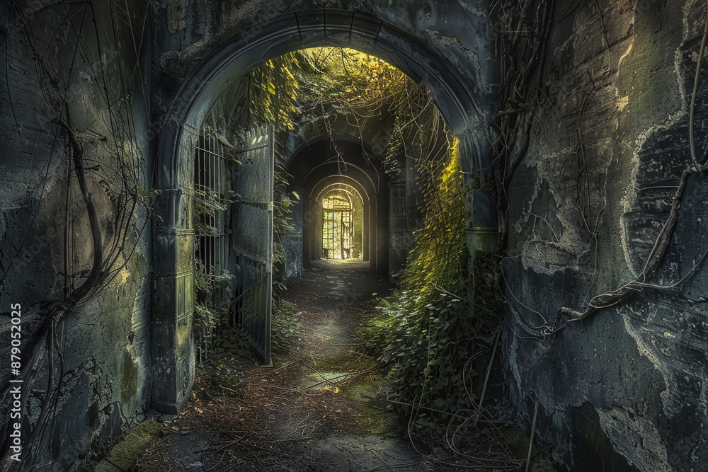 A dark, narrow tunnel with vines growing on the walls A dark, narrow tunnel with vines growing on the walls
